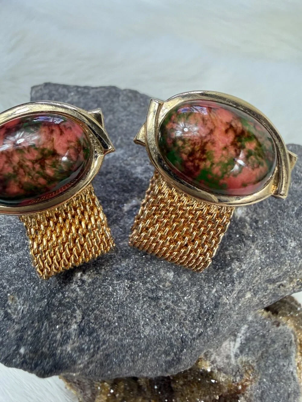 Vintage Unakite Stone Gold Tone Mesh Cuff Links Cufflinks MCM 1.25